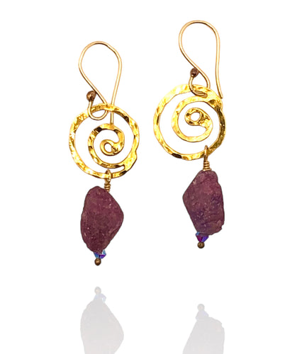 Raw Ruby & Mini Golden Spiral Earrings