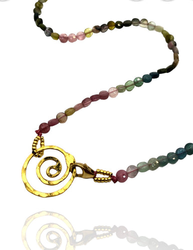 Tiny Tourmaline & Mini Golden Spiral Necklace