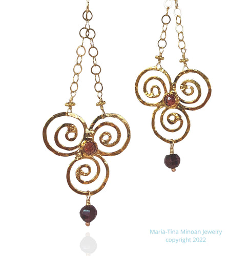 Triple Spiral Minoan Goddess Chandelier Earrings with Garnets