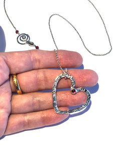 Hefty Open Floating Heart in sterling silver with Rhodolite Garnet & Rubies