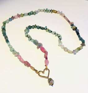 Watermelon Tourmaline with Golden Open Floating Heart Necklace