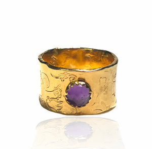 Gilded Nature Symbols Ring with Amethyst