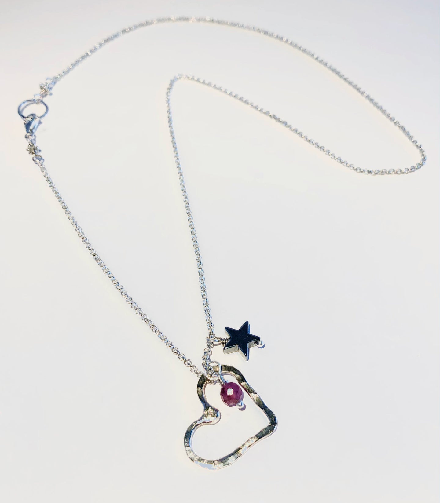 Sterling Open Floating Heart Mini with Pink Tourmaline & Hematite Star