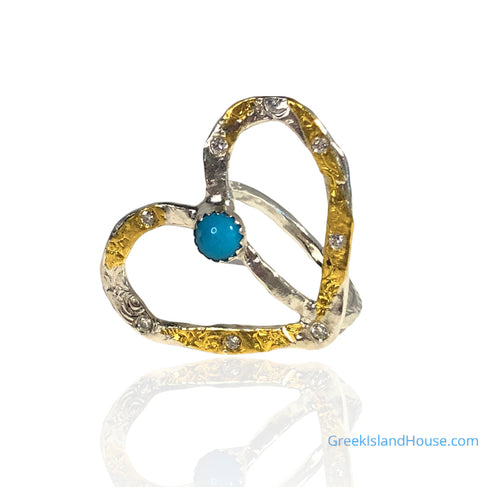 Open Heart Ring, 24k, sterling with Sleeping Beauty Turquoise & Diamonds