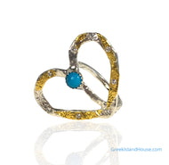 Open Heart Ring, 24k, sterling with Sleeping Beauty Turquoise & Diamonds