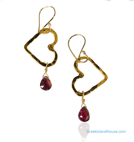 Golden Open Floating Heart Halo Hoops with Tourmalines