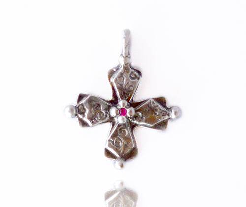 Sterling Four Corners Byzantine Cross with Ruby